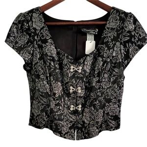 Hampton Nites Glamour Attire Black and Silver Floral Shimmer Vintage Top, Size M